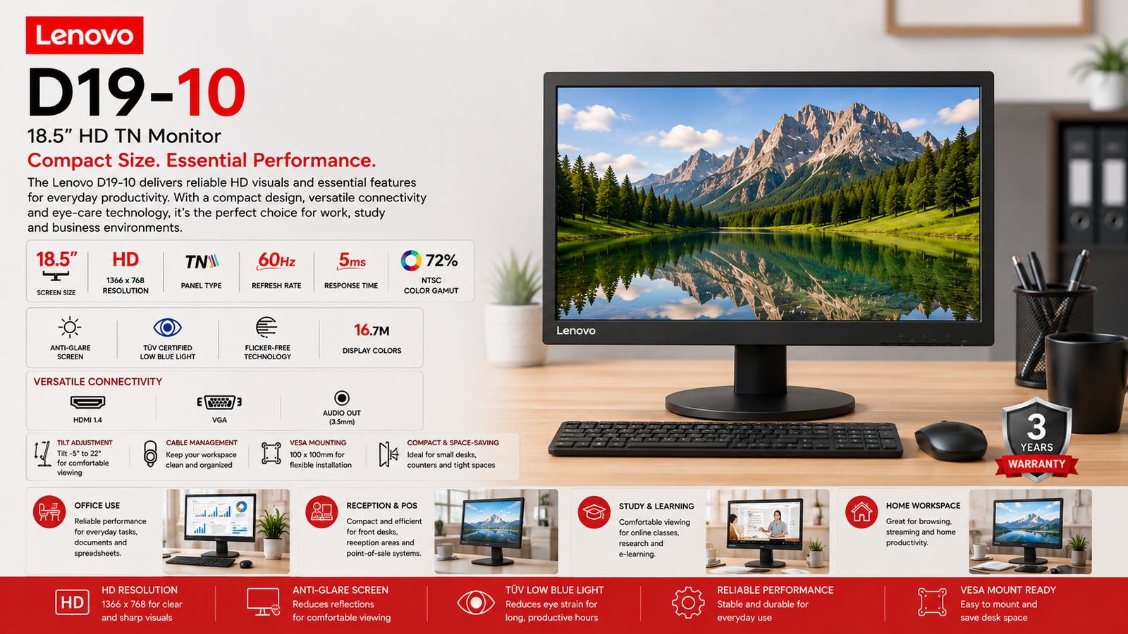 Lenovo D19-10, 18.5-Inch HD TN Monitor, 1366x768 Resolution, 60Hz Refresh Rate, 5ms Response Time, 72% NTSC, HDMI 1.4, VGA, Low Blue Light, VESA Mount, Black, 3-Year Warranty | 61E0KAR6WW